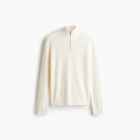 Lorance™ Pull à col zippé côtelé – Blanc